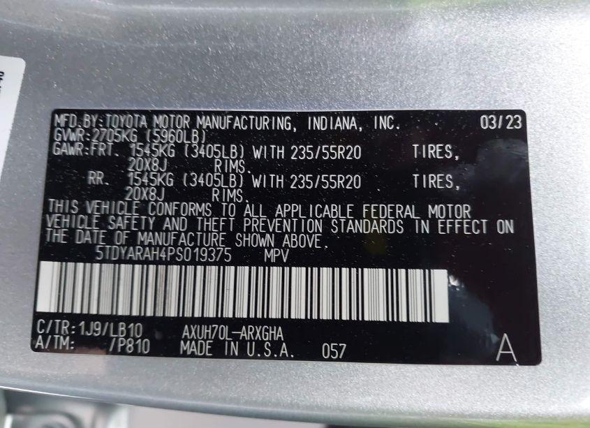 Photo 9 of 2023 Toyota Highlander HYBRID LIMITED (VIN 5TDYARAH4PS019375)