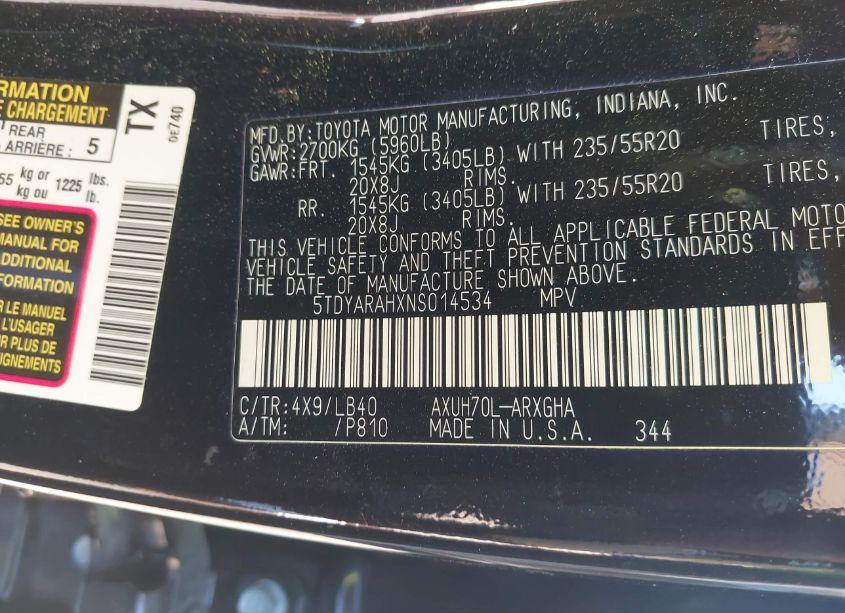 Photo 9 of 2022 Toyota Highlander HYBRID LIMITED (VIN 5TDYARAHXNS014534)