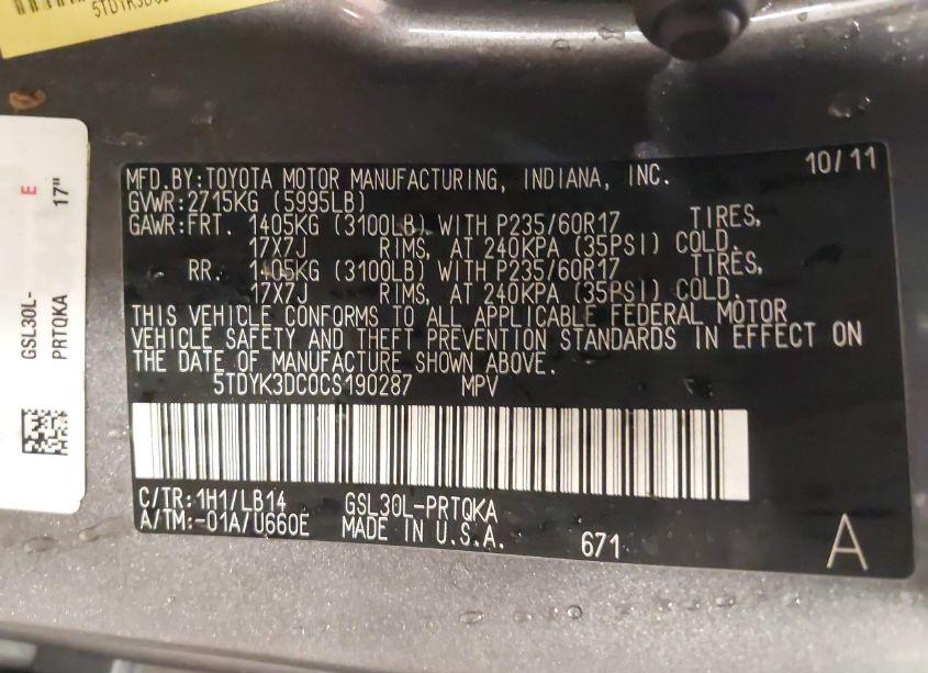 Photo 9 of 2012 Toyota Sienna XLE/LIMITED (VIN 5TDYK3DC0CS190287)