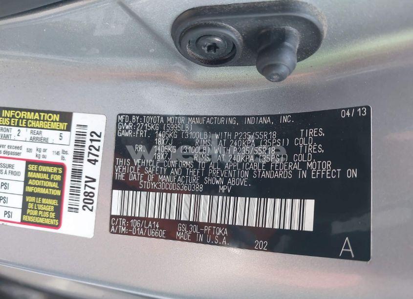 Photo 9 of 2013 Toyota Sienna XLE/LIMITED (VIN 5TDYK3DC0DS360388)