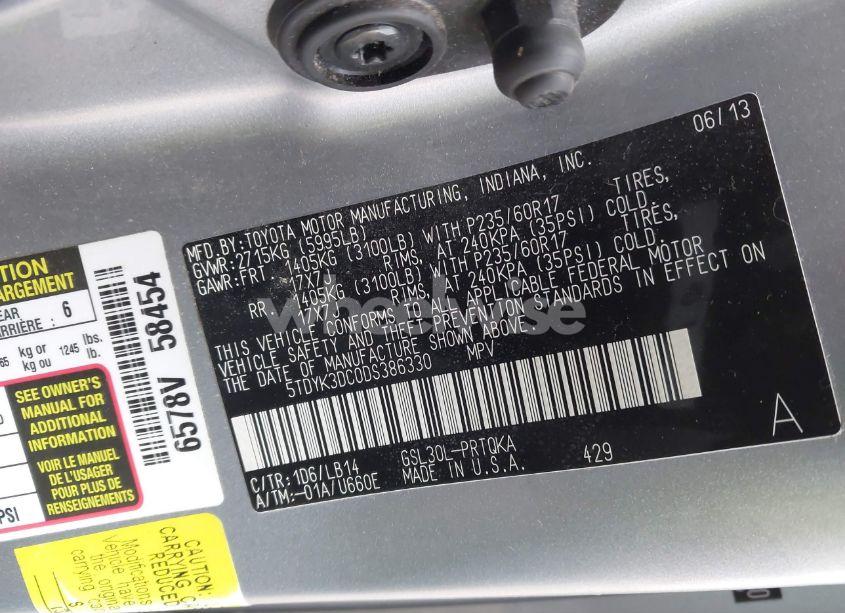 Photo 9 of 2013 Toyota Sienna XLE V6 8 PASSENGER (VIN 5TDYK3DC0DS386330)