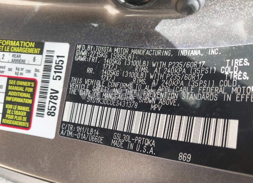 Photo 9 of 2014 Toyota Sienna XLE V6 8 PASSENGER (VIN 5TDYK3DC0ES431378)