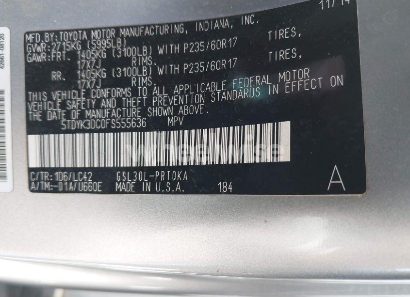 Photo 9 of 2015 Toyota Sienna XLE 8 PASSENGER (VIN 5TDYK3DC0FS555636)