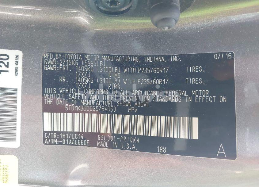 Photo 9 of 2016 Toyota Sienna XLE 8 PASSENGER (VIN 5TDYK3DC0GS764053)