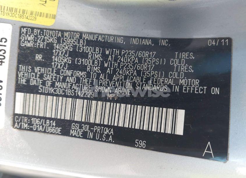 Photo 9 of 2011 Toyota Sienna XLE V6 (VIN 5TDYK3DC1BS142229)