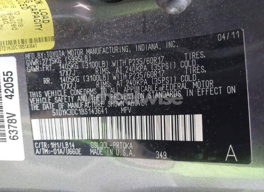 Photo 9 of 2011 Toyota Sienna XLE V6 (VIN 5TDYK3DC1BS143641)