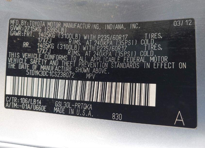 Photo 9 of 2012 Toyota Sienna XLE V6 8 PASSENGER (VIN 5TDYK3DC1CS238072)