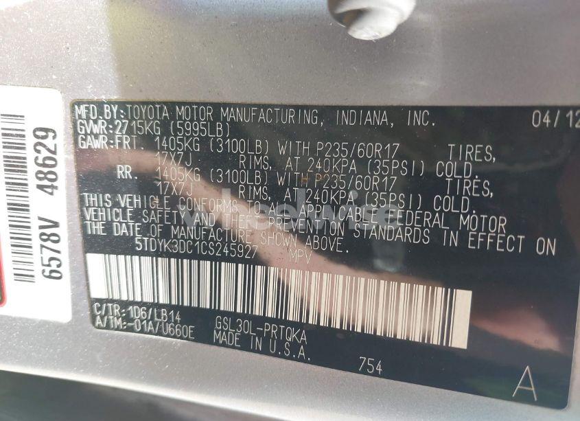 Photo 9 of 2012 Toyota Sienna XLE V6 8 PASSENGER (VIN 5TDYK3DC1CS245927)