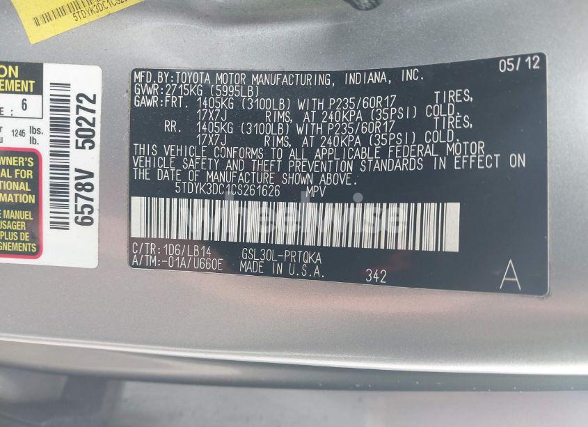 Photo 9 of 2012 Toyota Sienna XLE V6 8 PASSENGER (VIN 5TDYK3DC1CS261626)
