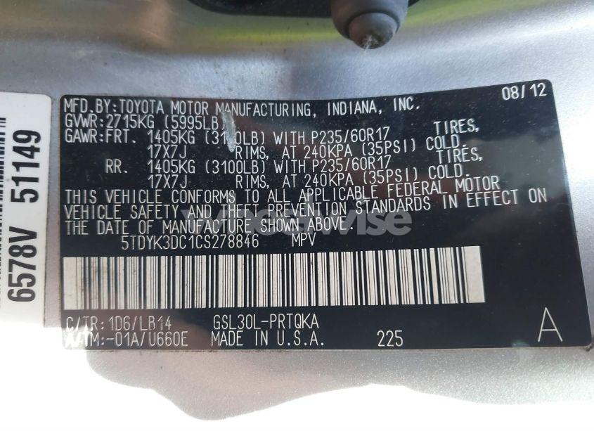 Photo 9 of 2012 Toyota Sienna XLE V6 8 PASSENGER (VIN 5TDYK3DC1CS278846)