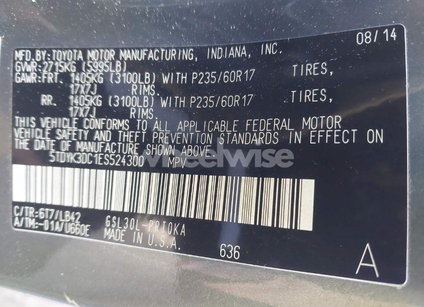Photo 9 of 2014 Toyota Sienna XLE V6 8 PASSENGER (VIN 5TDYK3DC1ES524300)
