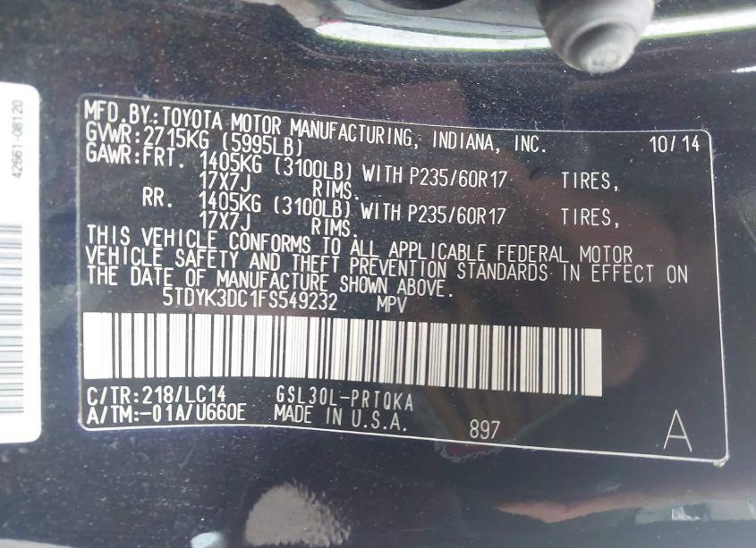 Photo 9 of 2015 Toyota Sienna XLE/LIMITED (VIN 5TDYK3DC1FS549232)