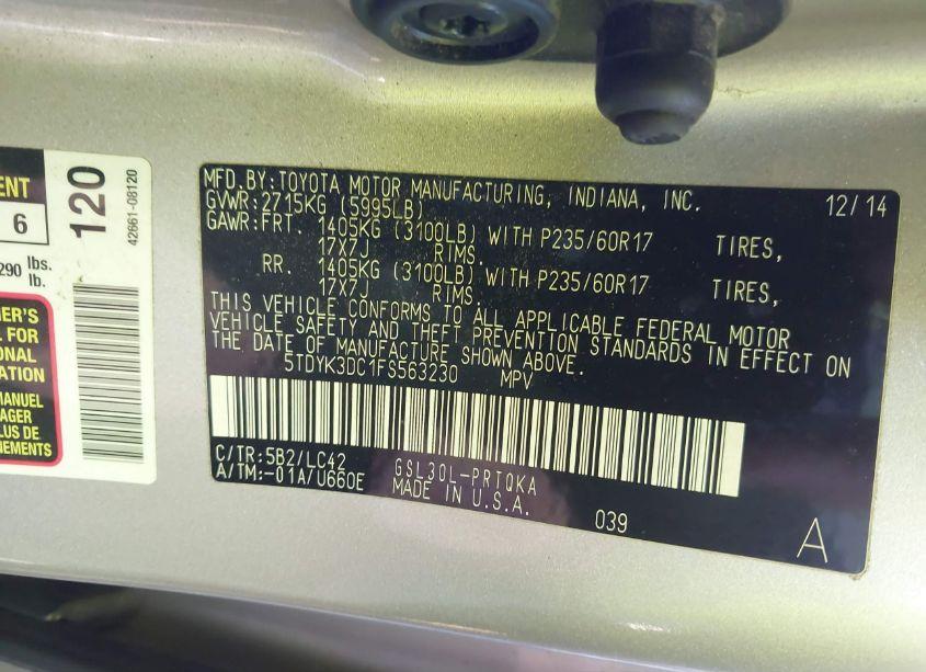 Photo 9 of 2015 Toyota Sienna XLE 8 PASSENGER (VIN 5TDYK3DC1FS563230)