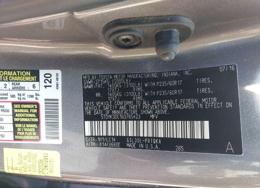 Photo 9 of 2016 Toyota Sienna XLE/LIMITED (VIN 5TDYK3DC1GS765423)