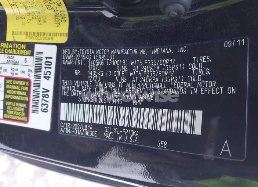 Photo 9 of 2012 Toyota Sienna XLE V6 8 PASSENGER (VIN 5TDYK3DC2CS178416)