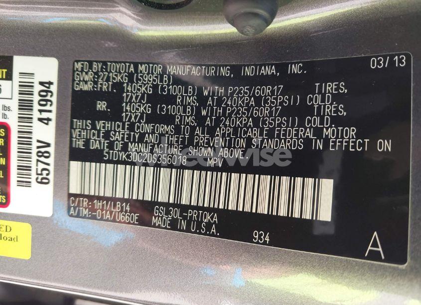 Photo 9 of 2013 Toyota Sienna XLE V6 8 PASSENGER (VIN 5TDYK3DC2DS356018)