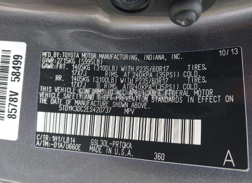 Photo 9 of 2014 Toyota Sienna XLE V6 8 PASSENGER (VIN 5TDYK3DC2ES420737)
