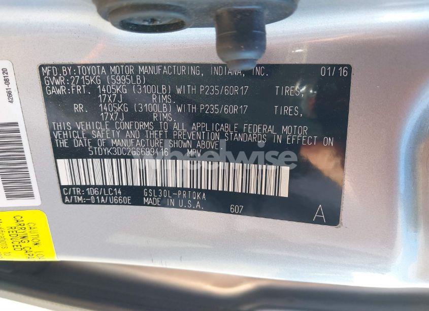 Photo 9 of 2016 Toyota Sienna XLE/LIMITED (VIN 5TDYK3DC2GS699416)