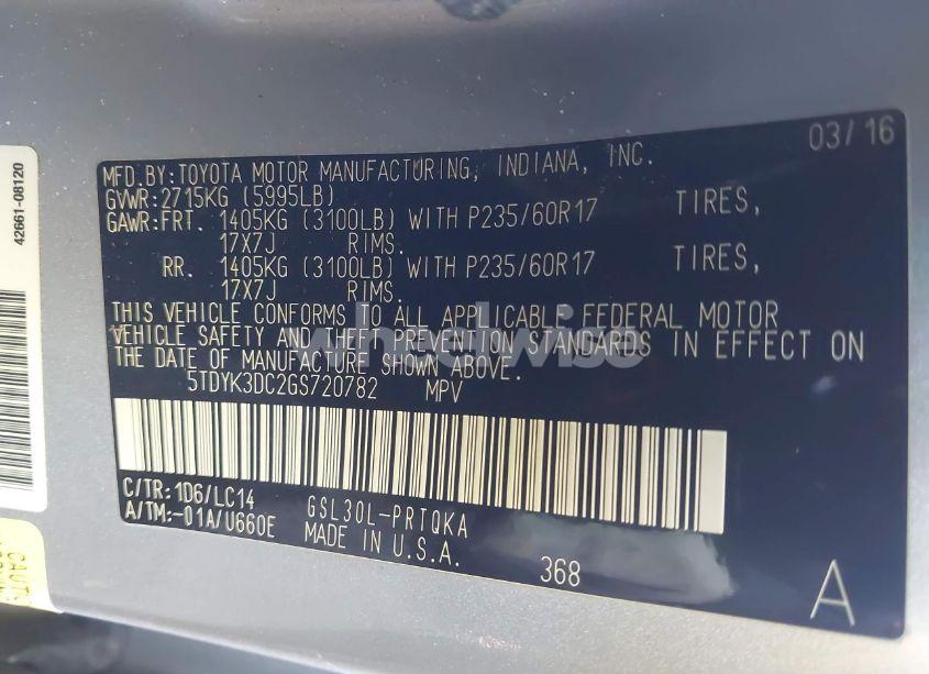 Photo 9 of 2016 Toyota Sienna XLE 8 PASSENGER (VIN 5TDYK3DC2GS720782)