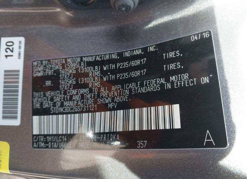 Photo 9 of 2016 Toyota Sienna XLE 8 PASSENGER (VIN 5TDYK3DC2GS731121)