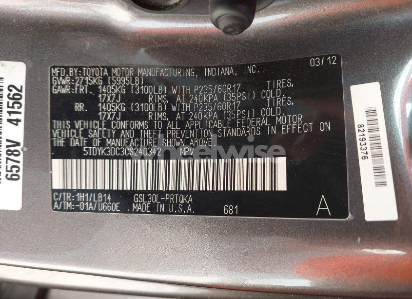 Photo 9 of 2012 Toyota Sienna XLE V6 8 PASSENGER (VIN 5TDYK3DC3CS240342)