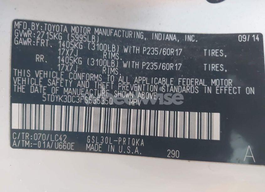 Photo 9 of 2015 Toyota Sienna XLE 8 PASSENGER (VIN 5TDYK3DC3FS535350)