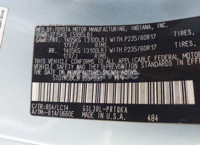 Photo 9 of 2015 Toyota Sienna XLE PREMIUM 8 PASSENGER (VIN 5TDYK3DC3FS537633)