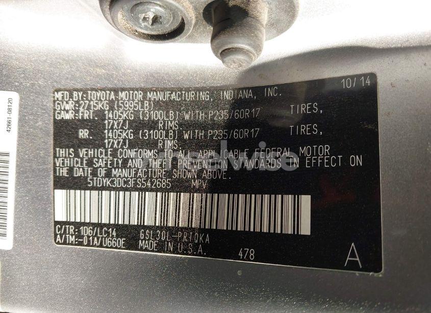 Photo 9 of 2015 Toyota Sienna XLE PREMIUM 8 PASSENGER (VIN 5TDYK3DC3FS542685)