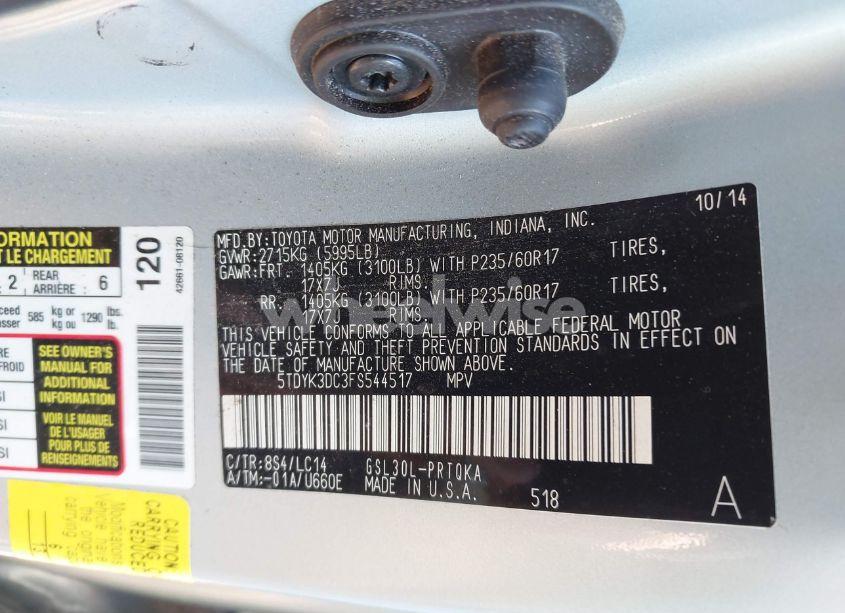 Photo 9 of 2015 Toyota Sienna XLE 8 PASSENGER (VIN 5TDYK3DC3FS544517)