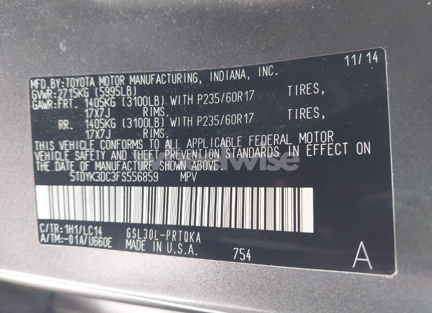 Photo 9 of 2015 Toyota Sienna XLE 8 PASSENGER (VIN 5TDYK3DC3FS556859)