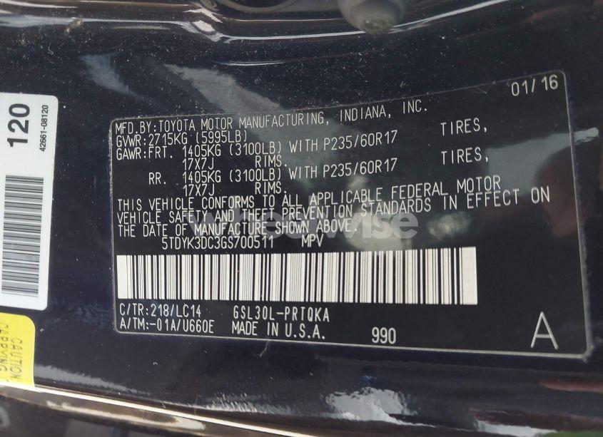 Photo 9 of 2016 Toyota Sienna XLE 8 PASSENGER (VIN 5TDYK3DC3GS700511)