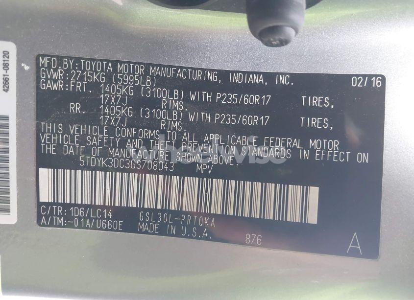 Photo 9 of 2016 Toyota Sienna XLE 8 PASSENGER (VIN 5TDYK3DC3GS708043)