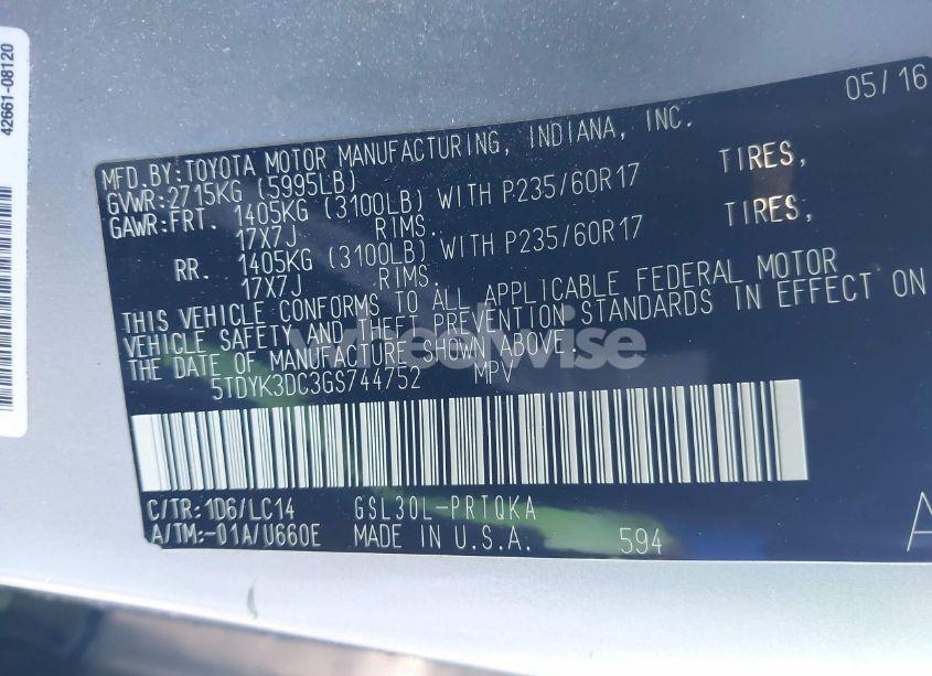 Photo 9 of 2016 Toyota Sienna XLE 8 PASSENGER (VIN 5TDYK3DC3GS744752)