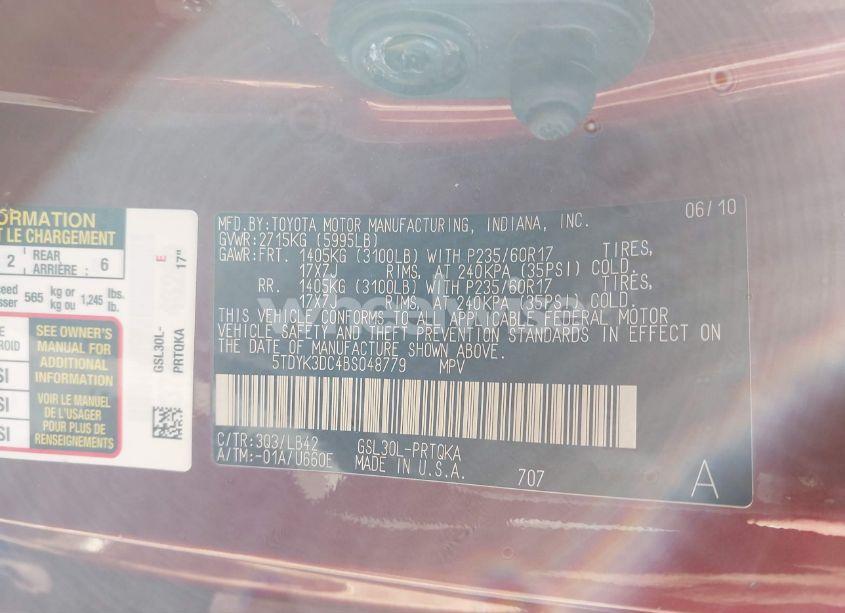 Photo 9 of 2011 Toyota Sienna XLE V6 (VIN 5TDYK3DC4BS048779)