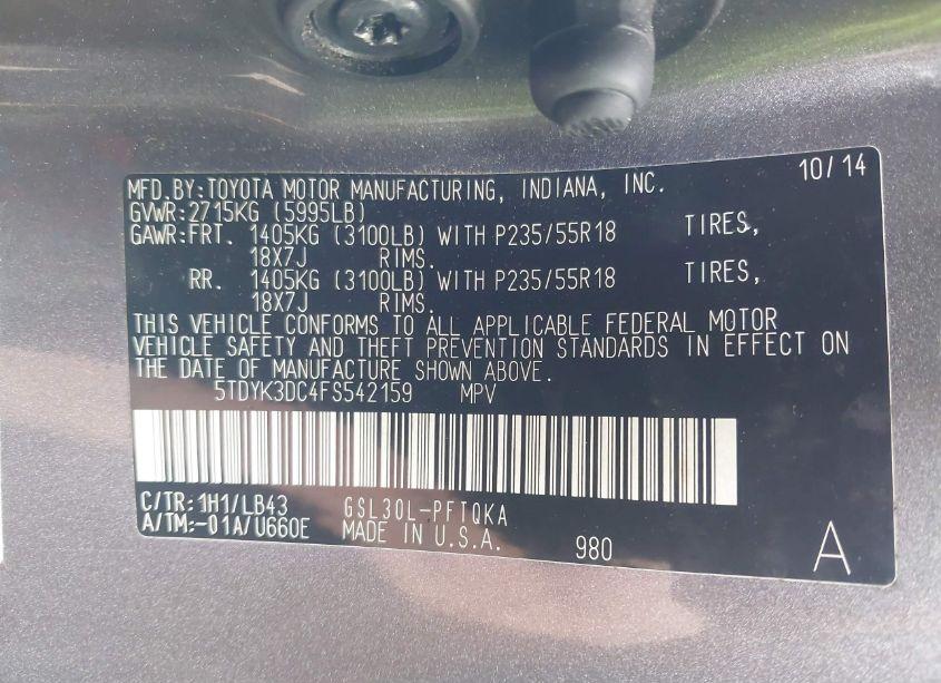 Photo 9 of 2015 Toyota Sienna LIMITED PREMIUM 7 PASSENGER (VIN 5TDYK3DC4FS542159)