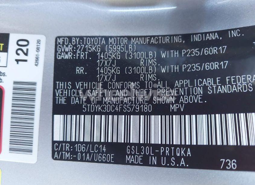 Photo 9 of 2015 Toyota Sienna XLE/LIMITED (VIN 5TDYK3DC4FS579180)