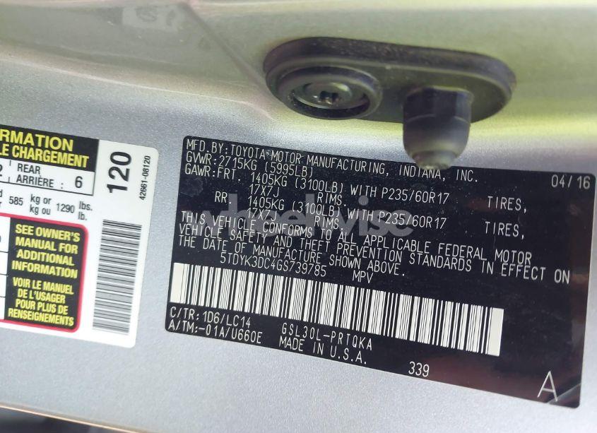 Photo 9 of 2016 Toyota Sienna XLE PREMIUM 8 PASSENGER (VIN 5TDYK3DC4GS739785)