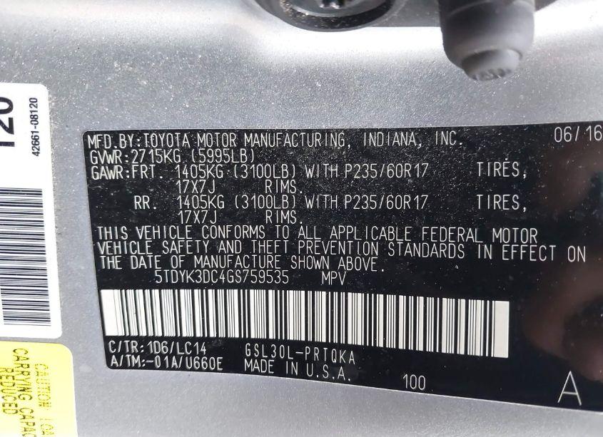 Photo 9 of 2016 Toyota Sienna XLE/LIMITED (VIN 5TDYK3DC4GS759535)