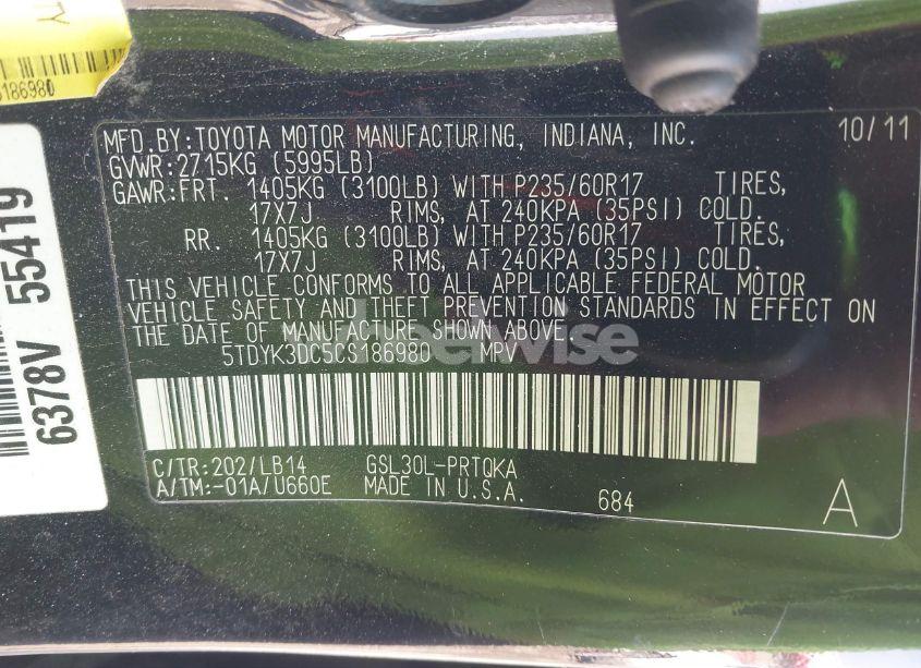 Photo 9 of 2012 Toyota Sienna XLE V6 8 PASSENGER (VIN 5TDYK3DC5CS186980)