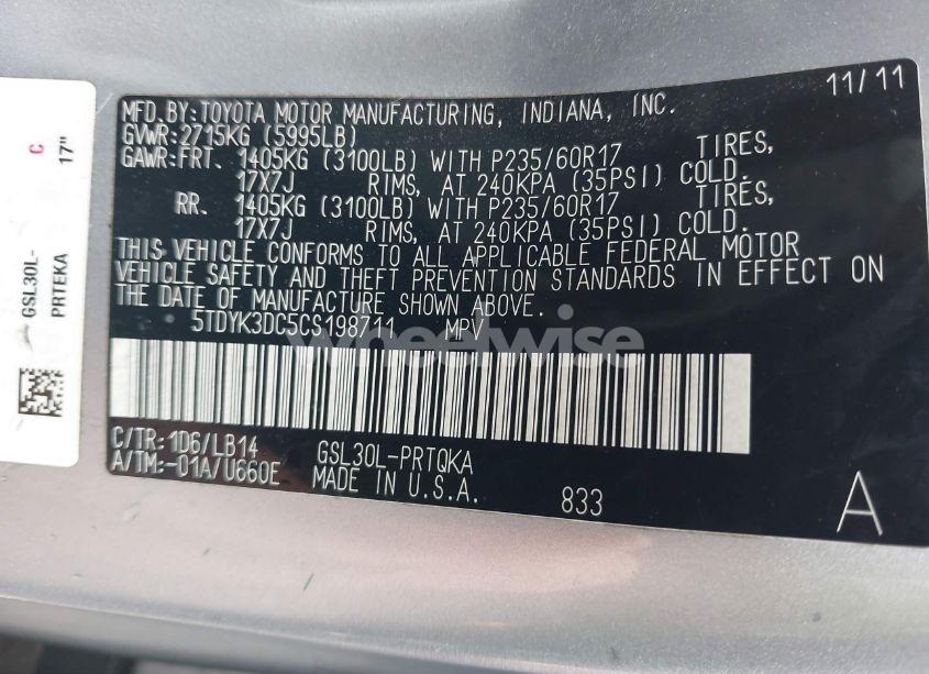 Photo 9 of 2012 Toyota Sienna XLE/LIMITED (VIN 5TDYK3DC5CS198711)