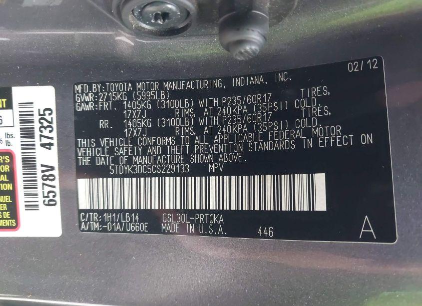 Photo 9 of 2012 Toyota Sienna XLE V6 8 PASSENGER (VIN 5TDYK3DC5CS229133)