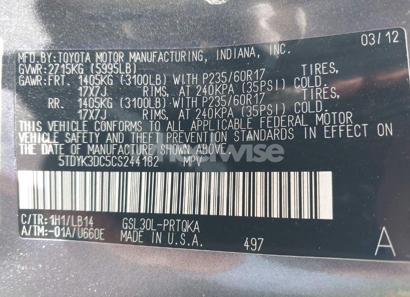 Photo 9 of 2012 Toyota Sienna XLE V6 8 PASSENGER (VIN 5TDYK3DC5CS244182)