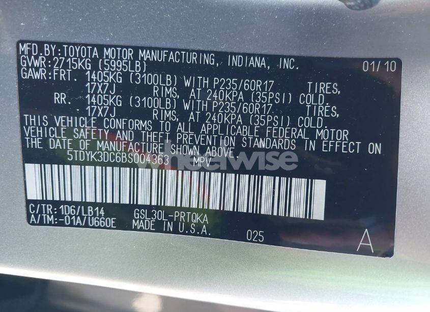 Photo 9 of 2011 Toyota Sienna XLE V6 (VIN 5TDYK3DC6BS004363)