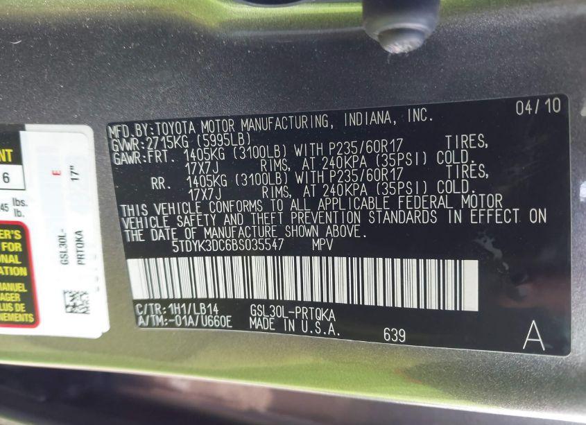 Photo 9 of 2011 Toyota Sienna XLE V6 (VIN 5TDYK3DC6BS035547)