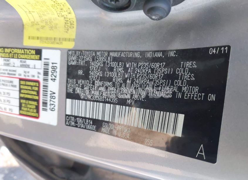 Photo 9 of 2011 Toyota Sienna XLE V6 (VIN 5TDYK3DC6BS144395)