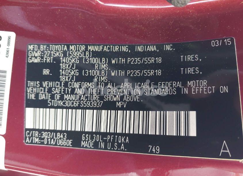 Photo 9 of 2015 Toyota Sienna LIMITED PREMIUM 7 PASSENGER (VIN 5TDYK3DC6FS593937)