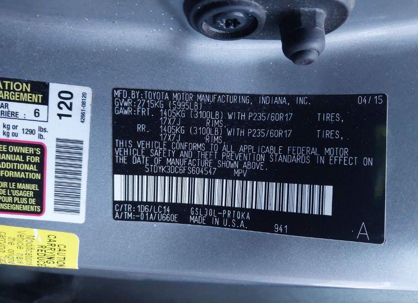 Photo 9 of 2015 Toyota Sienna XLE 8 PASSENGER (VIN 5TDYK3DC6FS604547)