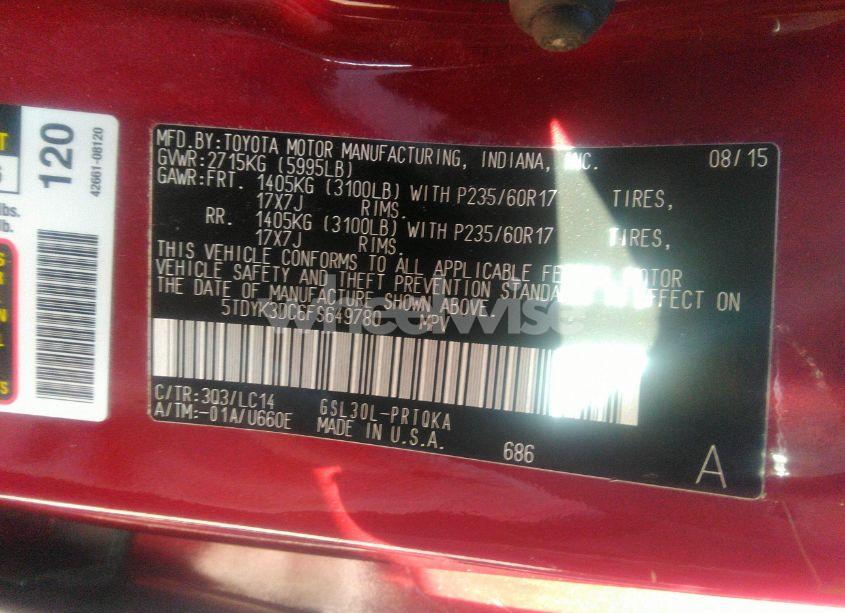 Photo 9 of 2015 Toyota Sienna XLE 8 PASSENGER (VIN 5TDYK3DC6FS649780)