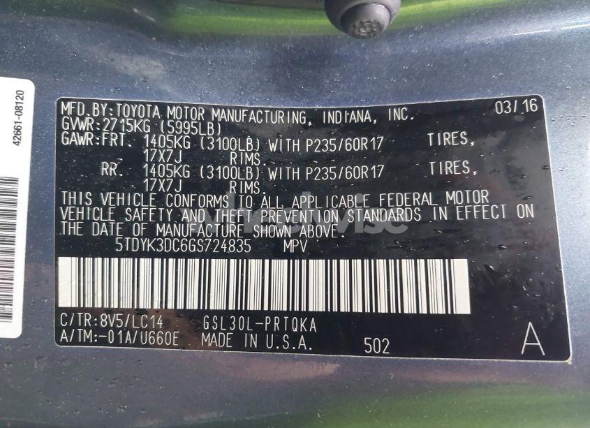 Photo 9 of 2016 Toyota Sienna XLE 8 PASSENGER (VIN 5TDYK3DC6GS724835)