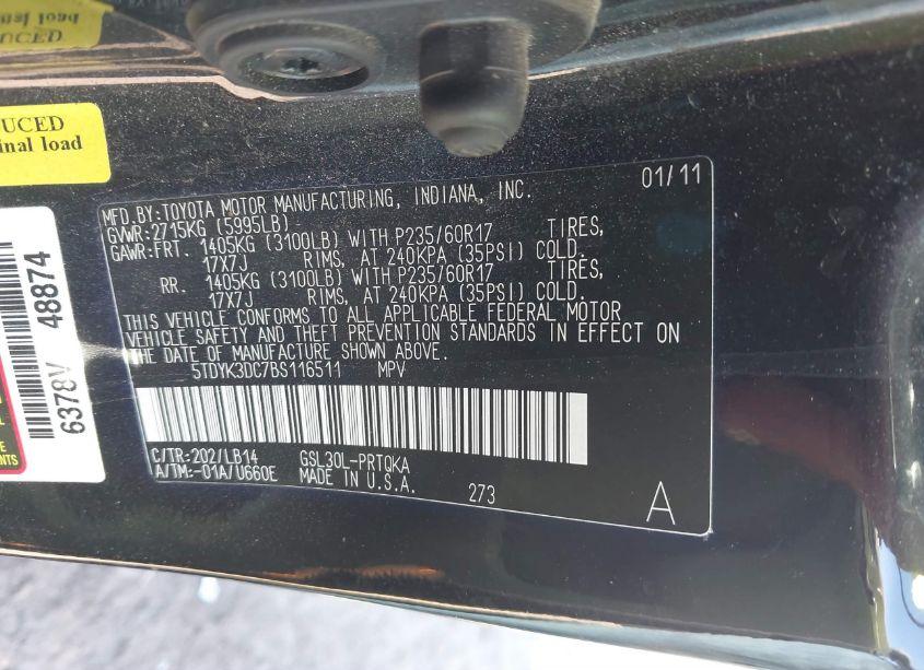 Photo 9 of 2011 Toyota Sienna XLE V6 (VIN 5TDYK3DC7BS116511)